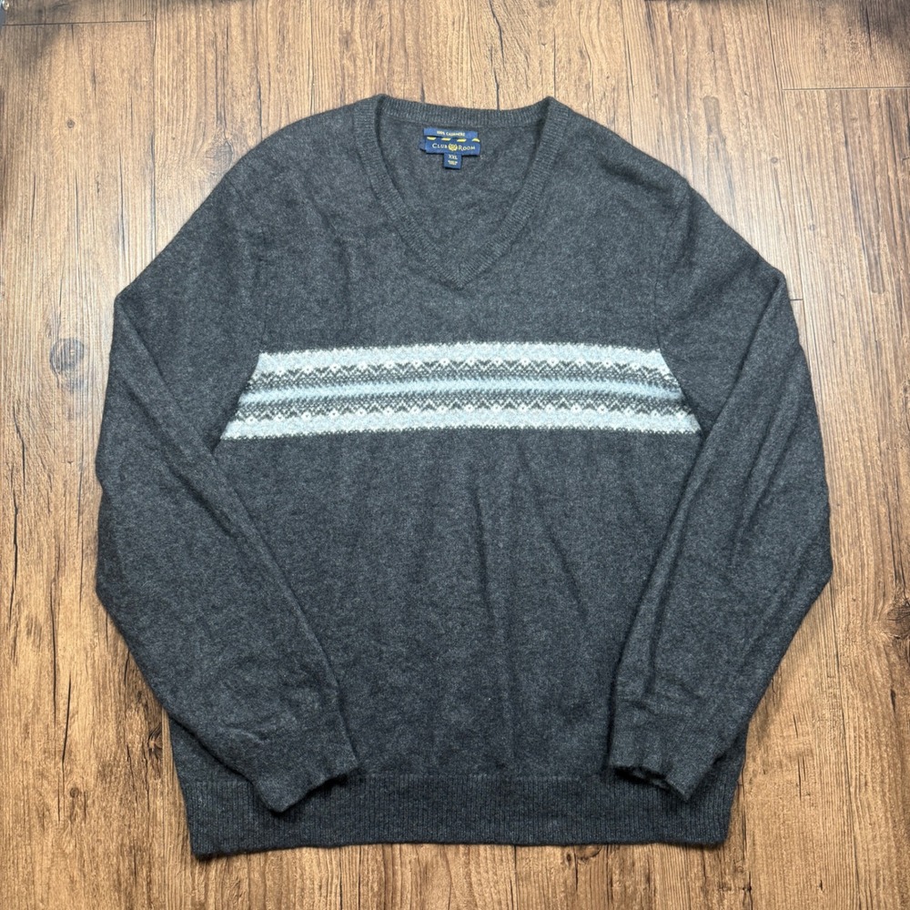Club Room Cashmere Sweater Mens XXL Gray V-Neck Fair Isle Stripe Pullover READ - Picture 2 of 8